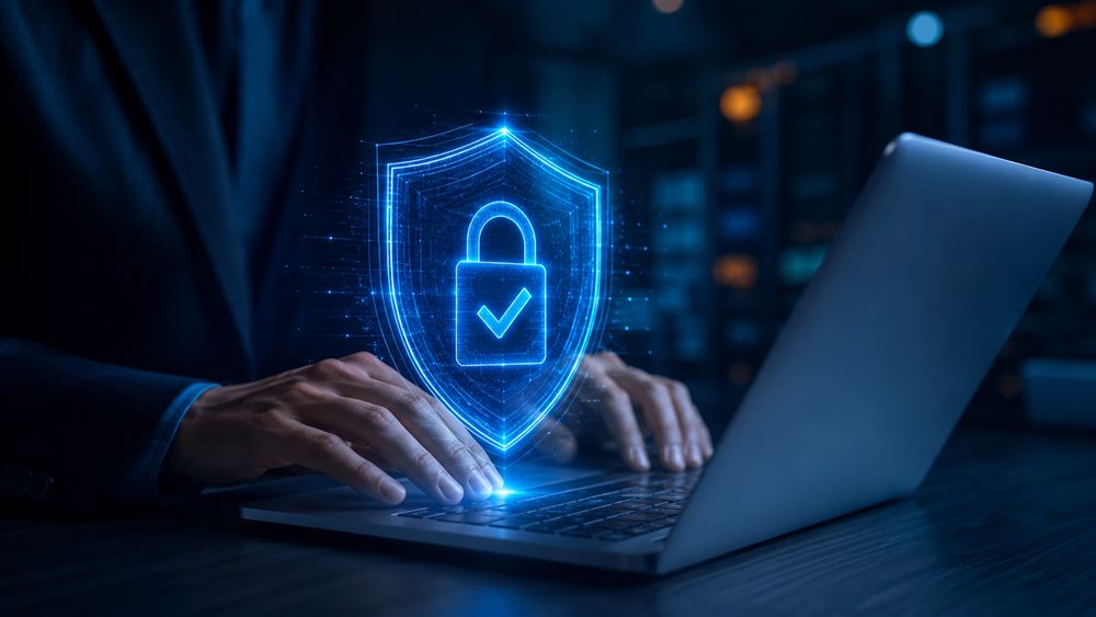 Cybersecurity protection shield hologram over a laptop