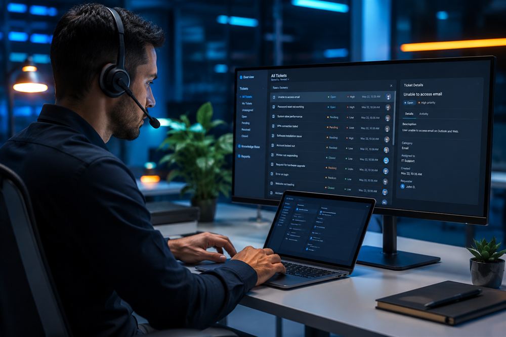 Technical support agent assisting a client via headset and ticketing dashboard